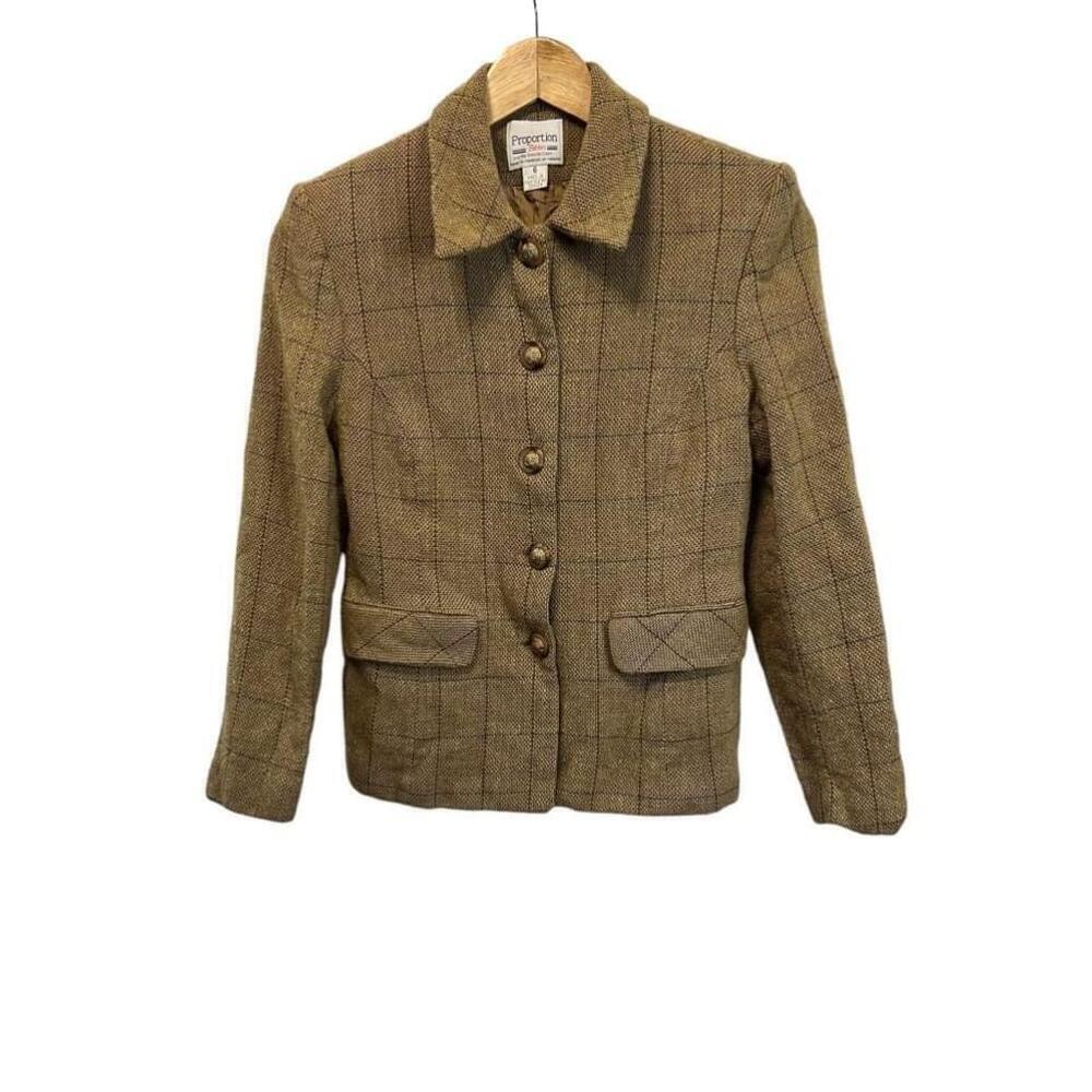 VINTAGE Petite Wool Blend Tweed Short Brown Fitted Button Up Blazer 6